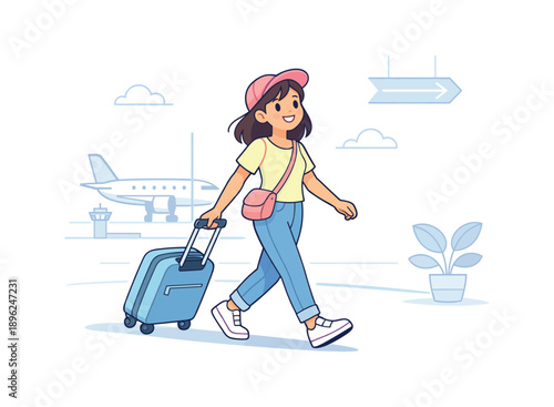 Smiling girl walking with suitcase at airport, flat vector illustration