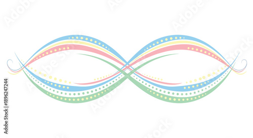 Abstract colorful ribbon design flows across the center forming a decorative infinity shape element