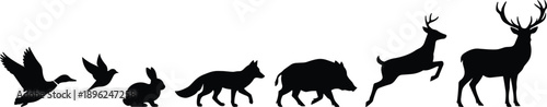 Wild animal silhouette collection featuring birds rabbit fox boar and deer in motion black flat vector illustration for wildlife hunting nature design