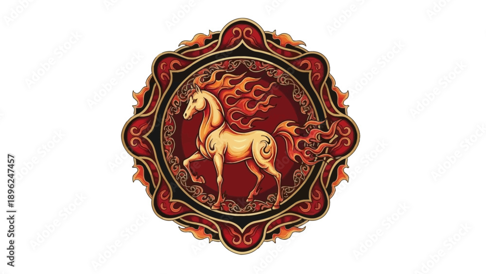 Fototapeta premium A vector illustration of a fire horse design for Chinese New Year, featuring a horse surrounded by flames within a red envelope icon on a white background.