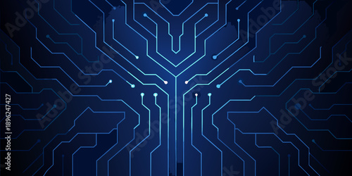 Abstract blue circuit board pattern with glowing lines and connection points