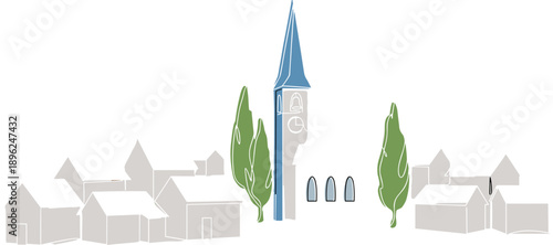 Minimal flat vector illustration of European village skyline with church clock tower, trees, and houses, clean modern architecture design for travel, religion, and urban concept