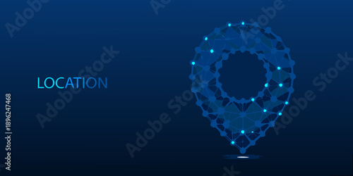 Abstract location pin formed by glowing blue polygonal network design