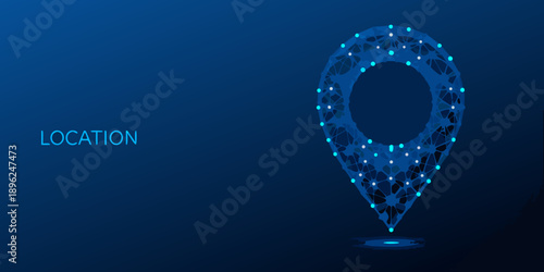 Abstract location pin icon formed by glowing particles on dark blue