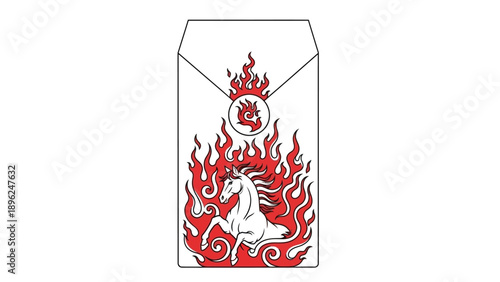 Illustration of a red and white horse emerging from flames on a Chinese New Year red envelope with a simple design.