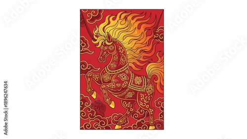 Vector illustration of a fire horse design for Chinese New Year, featuring a red envelope and decorative elements in a vibrant, celebratory icon.