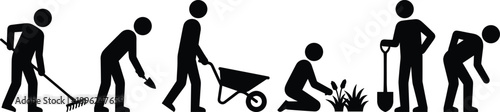 Black silhouette garden work sequence showing people raking soil, planting flowers, pushing wheelbarrow, digging with shovel, and bending during outdoor landscaping activities