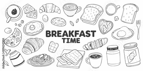 A collection of hand drawn breakfast items in black and white