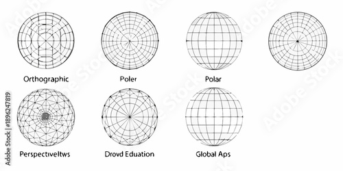 Diagrams illustrating different map projections and their grid patterns