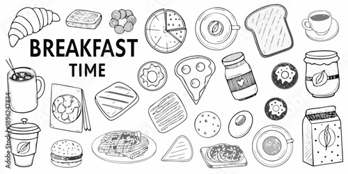 A collection of hand drawn breakfast items including pastries toast and beverages