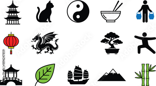 Asian culture icon set featuring pagoda dragon yin yang bamboo bonsai martial arts food symbols in flat vector illustration style for design and education