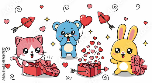 Cartoon Animals with Hearts and Gifts.