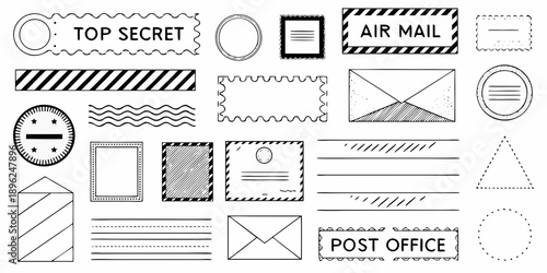Collection of black and white postal stamps seals and envelope designs