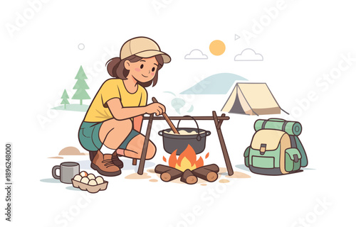 Girl cooking over campfire with backpack and tent, flat vector illustration