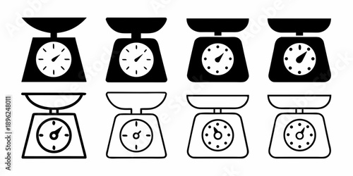 Four vintage kitchen scales in a simple black and white illustration