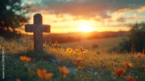 Stone cross in a field of flowers at sunset