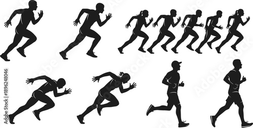 Male and female athlete silhouettes sprinting and running in various poses for sports fitness marathon and track competition themes