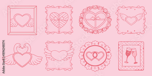 Collection of pink line art frames featuring valentine s day symbols