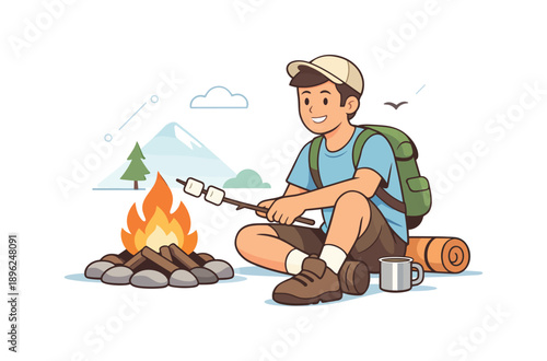 Boy roasting marshmallows by campfire in nature, flat vector illustration