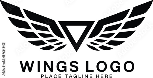 Minimalist black wings logo design with geometric triangle shield, professional aviation emblem, abstract bird flight symbol, corporate branding vector icon. (20 words)