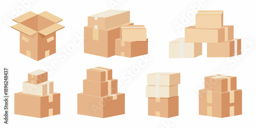 Isometric illustration of various stacked and open cardboard boxes