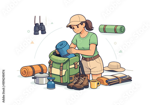 Woman packing hiking backpack with camping gear, flat vector illustration