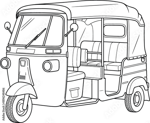 Minimalist black and white line art illustration of a motorized auto rickshaw taxi for coloring book design