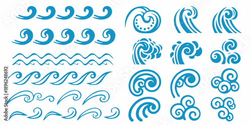 Collection of stylized blue wave and swirl designs on a white background