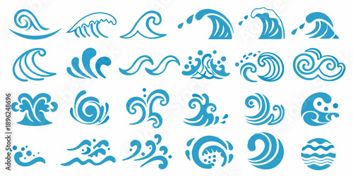 Collection of stylized blue wave and water swirl designs arranged in rows