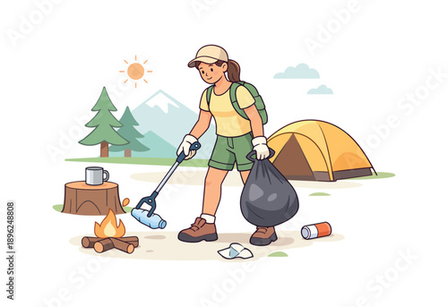 Woman cleaning campsite with trash bag and picker, flat vector illustration