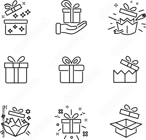 Set of gift box line icons featuring surprise unboxing moments, birthday presents, holiday celebration symbols, and giving hand for web design.