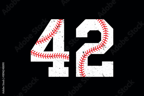 Retro baseball numbers 42 stylized with red lacing and white texture on a dark grungy background