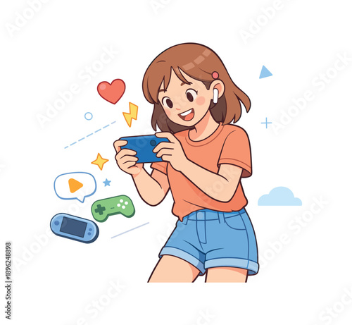Girl playing mobile game with controller, flat vector illustration