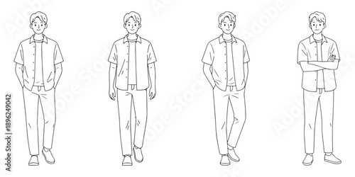 Minimal line art illustration set of young man characters standing and walking in different poses