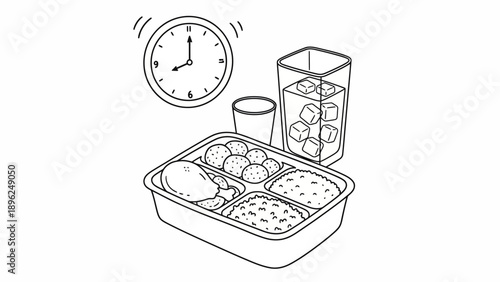 A meal is served in a container with a clock ticking in the background, food, container, meal, clock, time