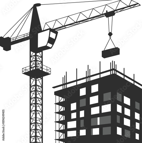 Tower crane lifting construction materials beside unfinished building structure, urban development and engineering project, black vector silhouette illustration