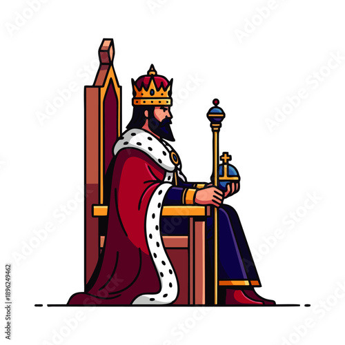 Illustration of a king sitting on a throne, wearing a crown and holding a scepter and orb, with a red robe and white fur trim, against a plain white background.