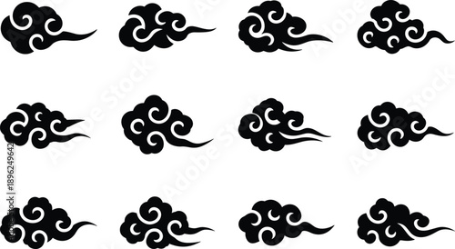 Traditional Oriental Black Cloud Silhouette Vector Set with Japanese Zen Style Swirl Patterns for Asian Background Decoration and Cultural Graphic Design,