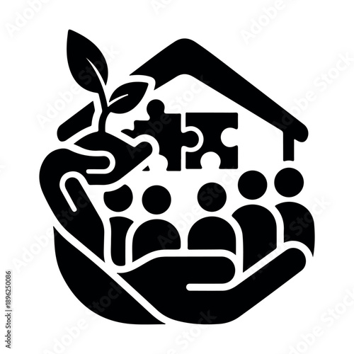Stunning black icon of hand holding people house and growing plant