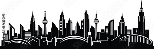 City skyline with skyscrapers and bridges in a metropolitan area at dusk  urban landscape