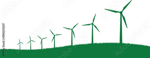 Green silhouette of wind turbines on a grassy hill in a natural landscape setting