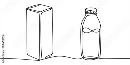 Continuous line drawing of a milk carton and a bottle, symbolizing dairy products