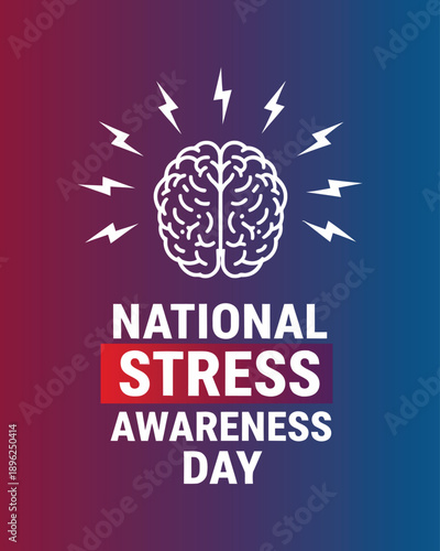 National Stress Awareness Day poster with brain and lightning bolts on gradient background