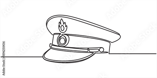 One continuous line art of a uniform officer cap with emblem on a white background
