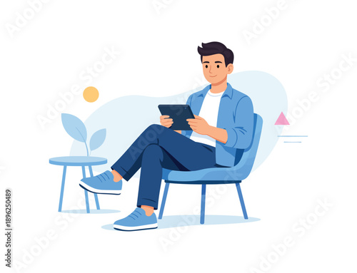 Man relaxing on chair with tablet, flat vector illustration