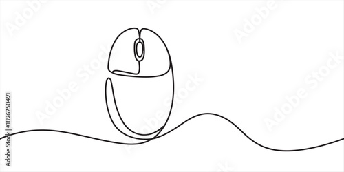 Continuous line art drawing of a computer mouse with a connected wavy cable on a white background