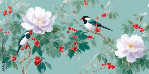 magpies sitting on white peonies branch, and red berries on turquoise background