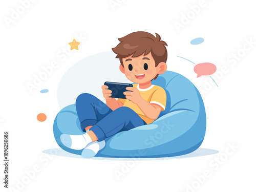 Boy playing on smartphone sitting on bean bag, flat vector illustration