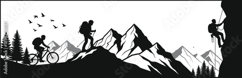 Silhouette of people climbing mountain and riding bicycle with trees and birds flying overhead in mountains landscape