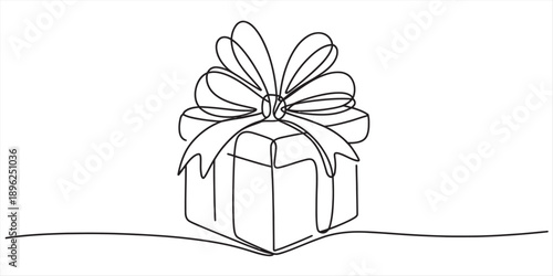 A minimalist black and white continuous line art illustration depicts a neatly wrapped gift box. The design features a single, unbroken black line forming the contours of the square-shaped box, comple